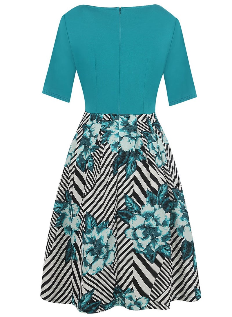 oxiuly Women's Vintage Patchwork Pockets Puffy Swing Casual Party Dress OX165 (Green, x_l) - Image 4